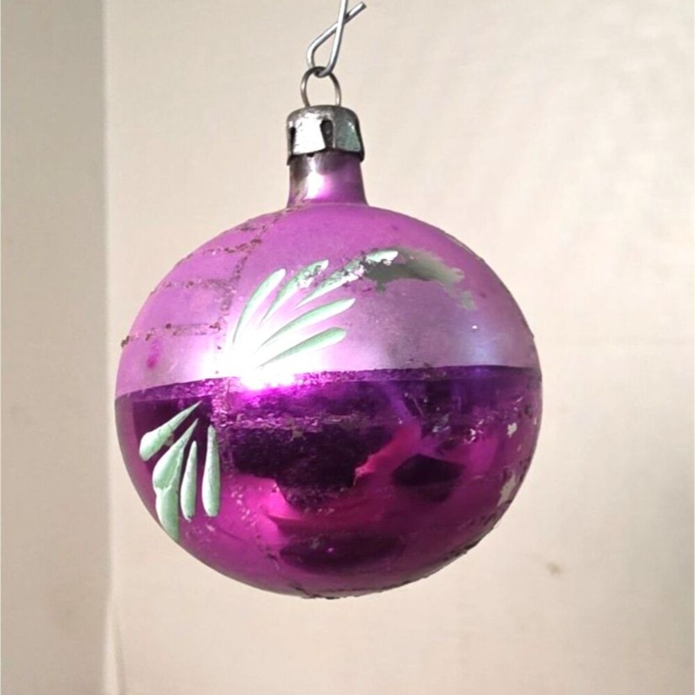 Small Vintage Glass Christmas Ornament Purple Leaves Poland 2"